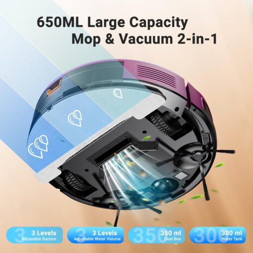 Robot Vacuum and Mop Combo 2 in 1 Mopping Robot Vacuum Cleaner with Schedule WiFi/Alexa/App Smart Self-Charging Robotic Vacuum Ultra-Slim Quiet Tangle-Free Ideal for Hard Floor Pet Hair Carpet-650mL - Image 7