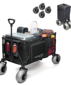 310L Extra/Large Foldable Wagon Cart, 47” 550LB Inlfatable Beach & All-Terrain Wheels, Utility Cart for Garden, Fishing, Groceries, Sports – Built-in Cooler Pouch, Storage Pockets & Cupholders