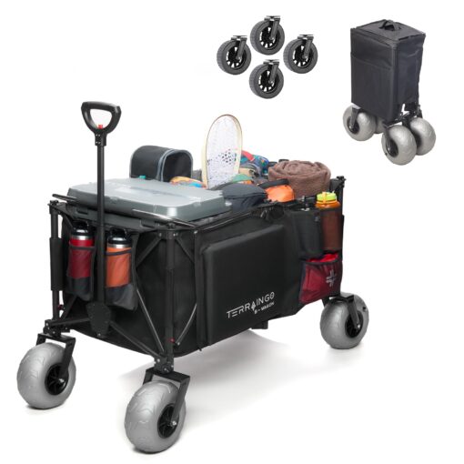 310L Extra/Large Foldable Wagon Cart, 47” 550LB Inlfatable Beach & All-Terrain Wheels, Utility Cart for Garden, Fishing, Groceries, Sports – Built-in Cooler Pouch, Storage Pockets & Cupholders