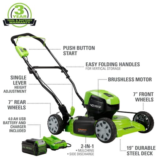 Greenworks 40V 19" Brushless Cordless Electric Lawn Mower, Sweeper, 4.0Ah Battery and Charger - Image 5