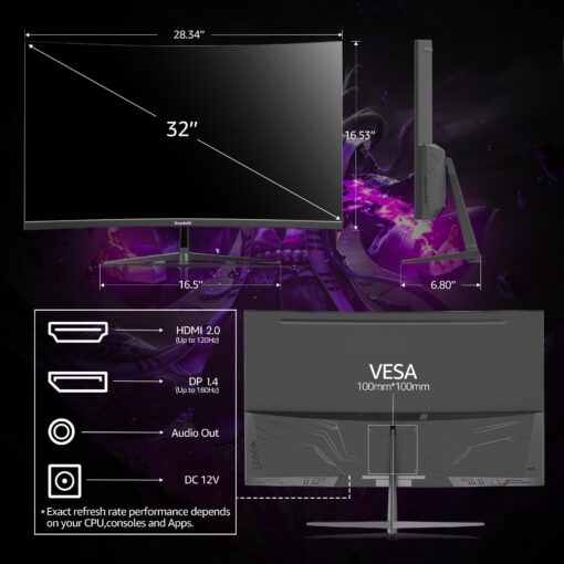 Gawfolk 32 inch Gaming Monitor 1800R Curved Computer Monitors 165HZ / 180HZ PC Monitors VA Screen for Home, Office and Dormitory, FHD 1080P Computer Monitor Support HDMI & DP - Image 4