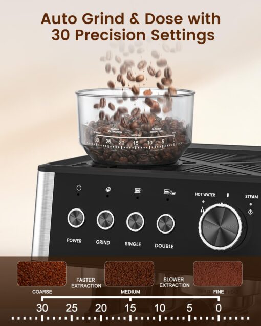 Espresso Machine with Grinder, 20 Bar Expresso Coffee Machines with Milk Frother Steam Wand, Professional Espresso Maker with Removable Water Tank, Cappuccino & Latte Machine for Home - Image 5