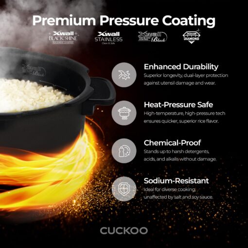 CUCKOO CRP-P1009SB 10-Cup (Uncooked) / 20-Cup (Cooked) Heating Pressure Rice Cooker & Warmer with Nonstick Inner Pot, 13 Menu Modes, Fuzzy Logic Tech, 3 Voice Guide, Auto Clean (Black) - Image 7