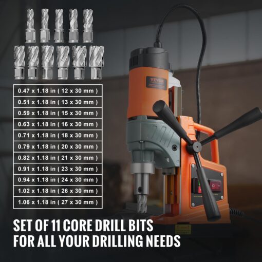 VEVOR Mag Drill Press, 1300W 1.57" Boring Diameter, 2922lbf Power Portable Magnetic Drill, 810 PRM, 11Pcs Drill Bits Electric Drilling Machine for Metal Surface, Industrial and Home Improvement - Image 5