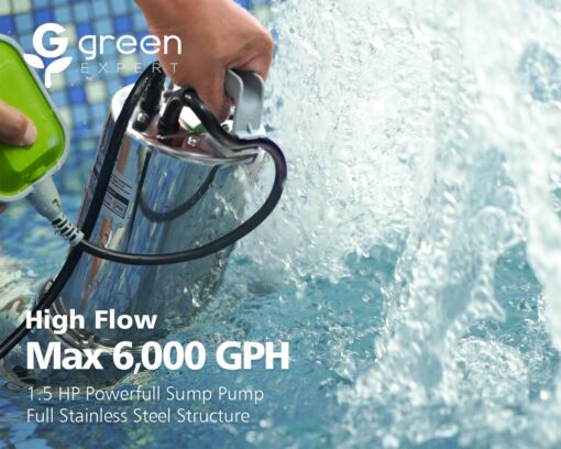 Green Expert 1.5HP Submersible Sump Pump 6000GPH High Flow Full 304 Stainless Steel with tethered Float Switch for Automatically Water Draining in Flooded Basement Pit Sewage Sink Pool Hot Tub - Image 7
