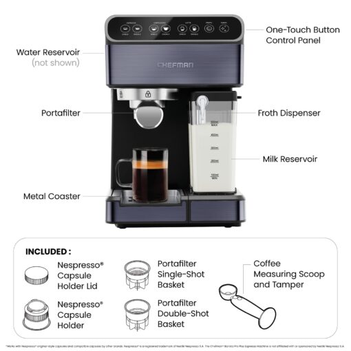 Chefman 6-in-1 Espresso Machine with Steamer, Automatic One-Touch Coffee Maker, Single or Double Shot Cappuccino Machine, Latte Maker, Espresso Maker with Milk Frother, Black - Image 3