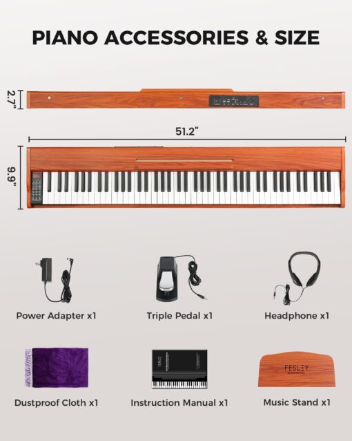 Fesley Weighted Piano Keyboard 88 Keys: Full Size Electric Keyboard Piano for Beginners, Portable 88 Key Keyboard with Daul Speaker,Sustain Pedal,Power Adapter,Support Bluetooth,USB MIDI,FEP300, Brown - Image 6