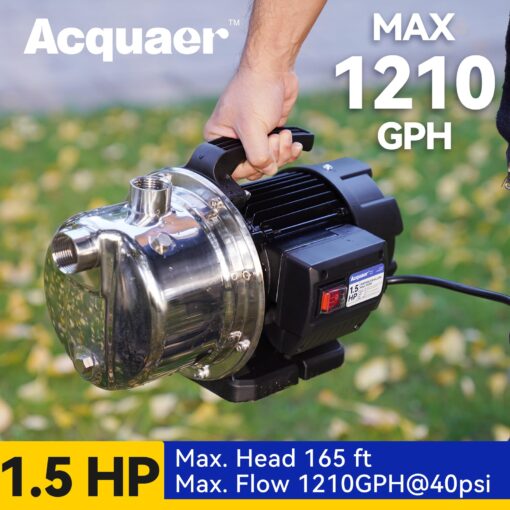 Acquaer 1.5 HP Portable Shallow Well Pump Garden Pump, Stainless Steel, 1210 GPH, 115V Sprinkler Pump Water Transfer Draining Irrigation Pump for Water Removal and Lawn Garden - Image 6