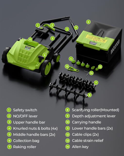 2-in-1 Electric Dethatcher and Scarifier, 13-Inch Raking & Scarifying, Turf Dethatcher & with 4-Position Height Adjustment, 14.5 gal Removable Thatch Bag for Lawn Health - Image 2