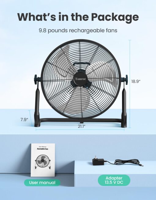 18" Portable Battery Operated Fan, Rechargeable Floor Fan, Hi-Velocity Cordless Camping Fan, Hi-Airflow Industrial Wireless Fan, Quiet Fan, USB Phone Charge, 12-60H Runtime, For Home, Outdoor, Garage - Image 2