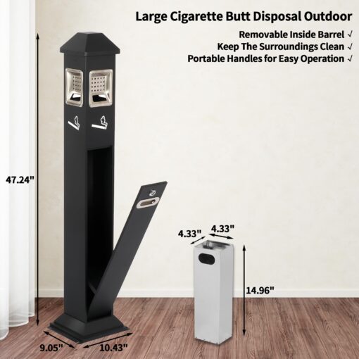 lukar Commercial Butt Receptacles Metal Butt Container Heavy Duty Ash Disposal Outdoor Vertical Trash Can for Patios Gardens Hotels Pubs Offices(Black) - Image 5