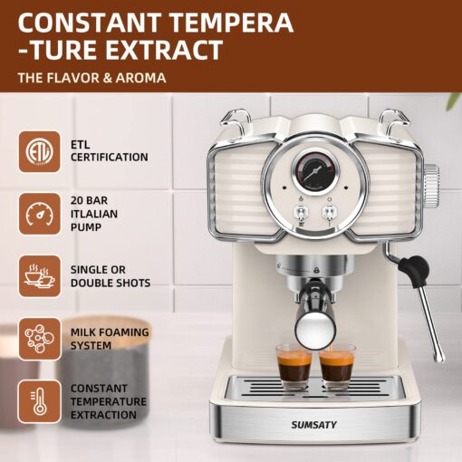 SUMSATY Espresso Machine 20 Bar, Professional Espresso Maker with Milk Frother Steamer Wand, Espresso Coffee Machine Off-white, Cappuccino & Latte Machine for Home, Retro, 1.8L Removable Water Tank - Image 8