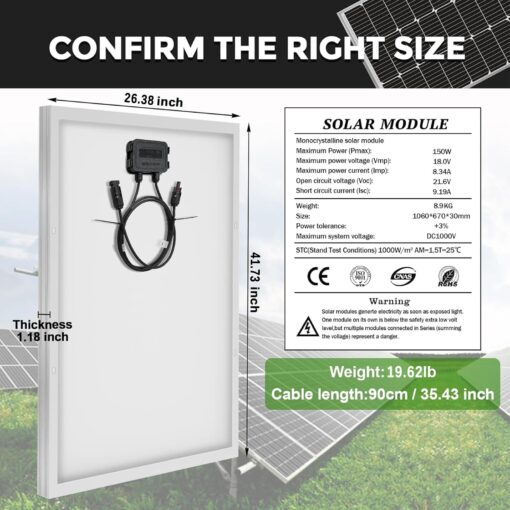 WERCHTAY 300 Watt Solar Panels, 12V 150 Watt 2 Pack, Monocrystalline Cell High-Efficiency PV Module, Solar Panels for Homes Camping RV Battery Boat Caravan and Other Off-Grid System (300W) - Image 4
