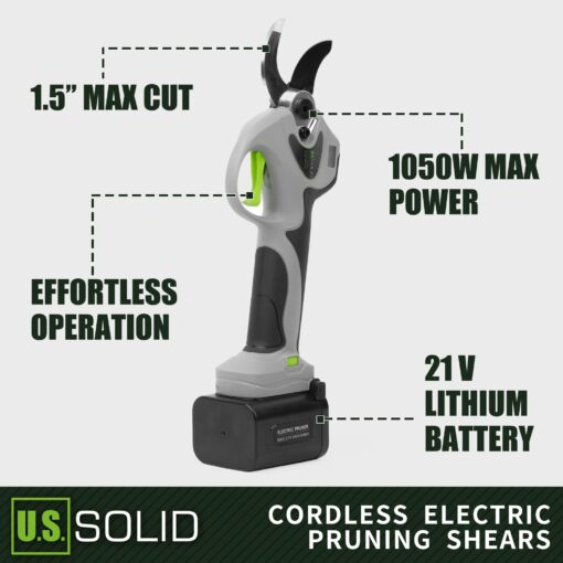U.S. Solid Cordless Electric Pruning Shear, 9-hour Runtime 2 Lithium Batteries Digital Display Scissor Clipper Cutter Max 1.6 Inch(40 mm) Cut, Charger Gardener Homeowner Tree Shrub Plants Trim Shape - Image 8