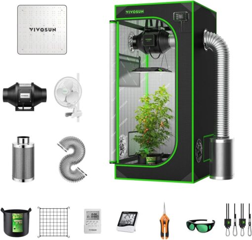 VIVOSUN Grow Tent Complete System, 2 x 2 ft. Kit With AeroWave A6 Clip Fan, VS1000 LED Light, 4 Inch 190CFM Inline Fan, Carbon Filter and 8ft Ducting Combo, 24" x 24" x 48"