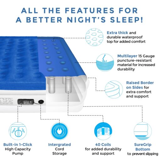 SoundAsleep Dream Series Luxury Air Mattress with ComfortCoil Technology & Built-in High Capacity Pump for Home & Camping- Double Height, Adjustable, Inflatable Blow Up, Portable - King Size - Image 4