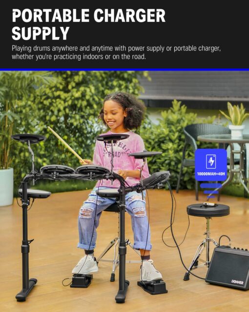 Donner DED-70 Electric Drum Set with 4 Quiet Mesh Drum Pads, 2 Switch Pedal, Portable and Solid Drum Set with Type-C Charging, 68+ Sounds, Throne, Headphones, Sticks, Melodics Lessons - Image 4