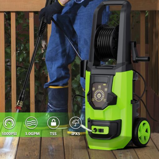 DECOKTOOL Electric Pressure Washer - 5000 PSI 3.0 GPM Power Washer with Touch Screen Adjustable Pressure, 35FT Power Cord and 4 Different Nozzles, Foam Cannon for Car, Garden, Yard, Green - Image 8