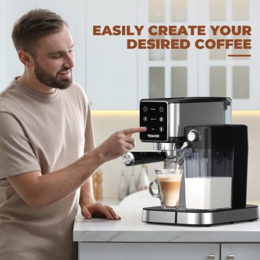 TENKER Espresso Machine 20 Bar, Cappuccino Machine with Automatic Milk Frother, Latte Machine in Stainless Steel Design, 1350W Touchscreen Coffee Maker for Home and Office (Silver) - Image 2