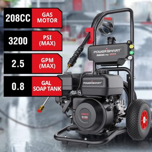 PowerSmart 3800 PSI Gas Pressure Washer with 208cc Engine, 2.5 GPM Flow Rate, 4500W Power, Onboard Soap Tank, Metal Spray Wand, and 5-Nozzle Set for Heavy-Duty Cleaning of Decks, Driveways - Image 6