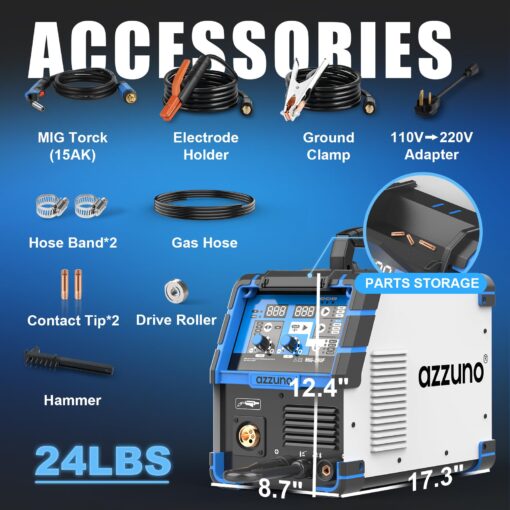 AZZUNO 200A MIG Welder,110V/220V Dual Voltage multiprocess welder,Gas Gasless MIG Welding Machine,4 in 1 Flux MIG/Solid Wire/Lift TIG/Stick ARC Welder (Grey) - Image 3