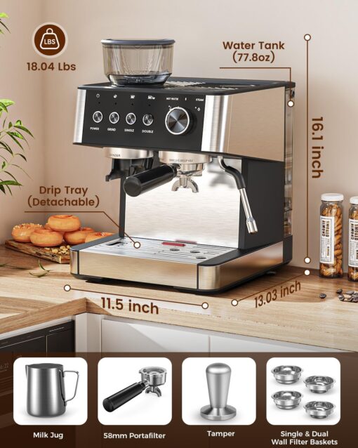 Espresso Machine with Grinder, 20 Bar Expresso Coffee Machines with Milk Frother Steam Wand, Professional Espresso Maker with Removable Water Tank, Cappuccino & Latte Machine for Home - Image 2