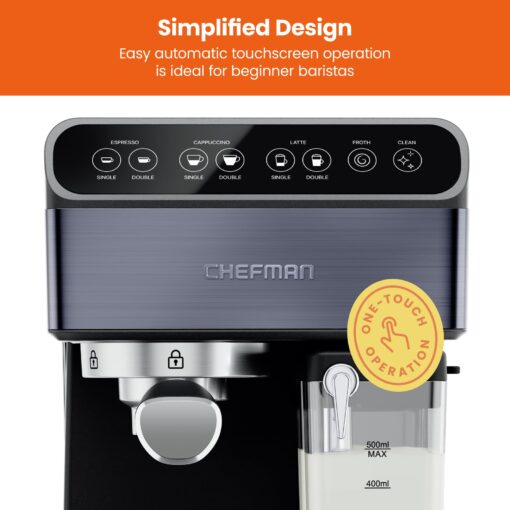 Chefman 6-in-1 Espresso Machine with Steamer, Automatic One-Touch Coffee Maker, Single or Double Shot Cappuccino Machine, Latte Maker, Espresso Maker with Milk Frother, Black - Image 6