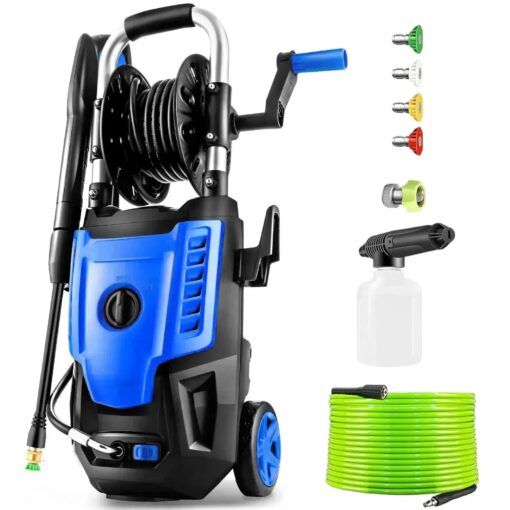 4800 PSI Electric Pressure Washer- 4.0 GPM High Power Washer with 33FT Hose Reel, 4 Spray Tips and Soap Bottle for Car Washing, Fence Cleaning, Patio Maintenance（Upgraded） (Blue)
