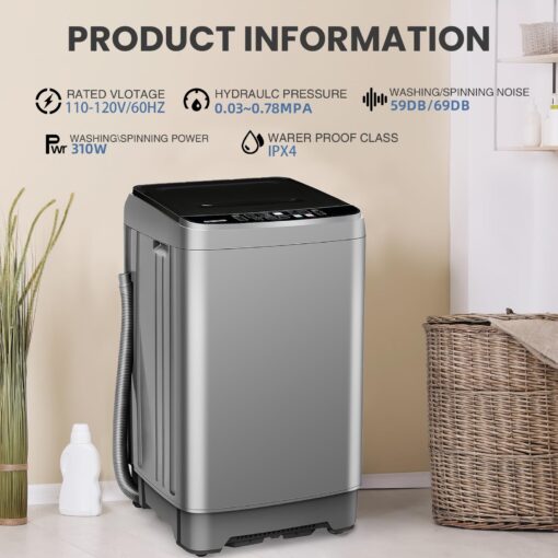 BINMIT 15.6lbs Full-Automatic Washing Machine, Portable Compact Laundry Washer with Drain Pump, 10 Programs 8 Water Levels with LED Display for RV, Camping, Apartment, Dorm, Dark-Grey - Image 6