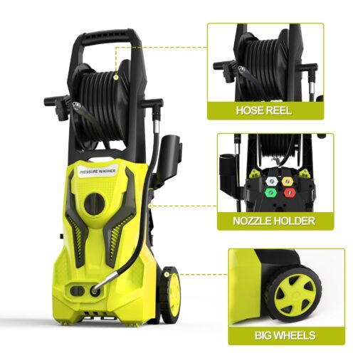 Electric Pressure Washer - 4800PSImax 3.2GPM Power Washer Electric Powered with 25 FT Hose Reel 4 Interchangeable Nozzle & Foam Cannon, for Cars, Patios, and Floor Cleaning, Yellow - Image 4
