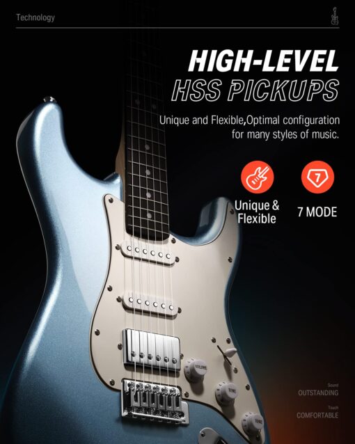 Donner DST-152R Electric Guitar, 39" Beginner Electric Guitar Kit, HSS Pickup with Coil Split, Guitar Starter Set with Amp, Bag, All Accessories, Metallic Ice Blue - Image 5