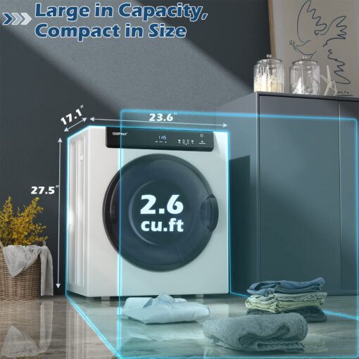 COSTWAY Compact, Touch Panel, 2 Modes, 3 Heating Powers and Adjustable Exhaust Vent, 8.8 LBS Front Load Tumble Laundry Apartment, Dorm and Home, 1400W, White Portable Dryer - Image 5