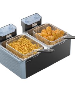 Commercial Deep Fryer w/ 2 Baskets & Lids, 21.2QT Large Electric Fryer, Double Oil Fryer for Chicken/Fish, w/ 30-Min Timer, Adjustable Temp, Safety Lock, Overheat Reset, 3400W for Home/Restaurant Use