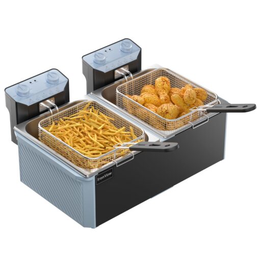 Commercial Deep Fryer w/ 2 Baskets & Lids, 21.2QT Large Electric Fryer, Double Oil Fryer for Chicken/Fish, w/ 30-Min Timer, Adjustable Temp, Safety Lock, Overheat Reset, 3400W for Home/Restaurant Use