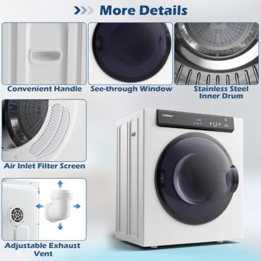 COSTWAY Compact, Touch Panel, 2 Modes, 3 Heating Powers and Adjustable Exhaust Vent, 8.8 LBS Front Load Tumble Laundry Apartment, Dorm and Home, 1400W, White Portable Dryer - Image 3