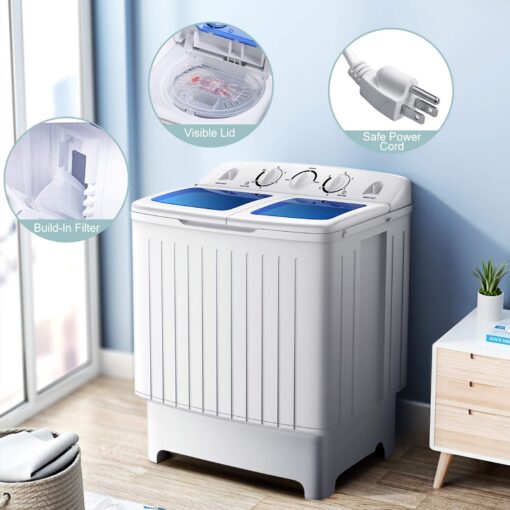 Giantex GT24267-PE 20lbs Spinner Combo, 12lbs 8lbs Spinning, Compact Twin Tub Mini Washer for Apartment RV Dorms, Blue & White Portable Washing Machine - Image 4