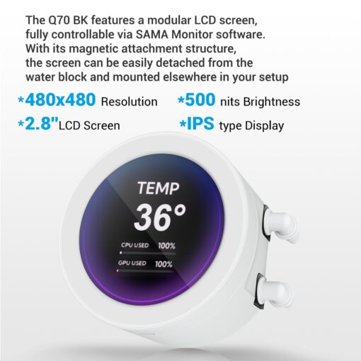 SAMA Q70 CPU Liquid Cooler, 360MM Water AIO CPU Cooler with 2.8" LCD Display, Magnetic Detachable, XT120 Modular Fans LCP Blade, Bonus Stands, 115X, 2011, 1200, 1700, 1851， AM4, AM5 Black - Image 9