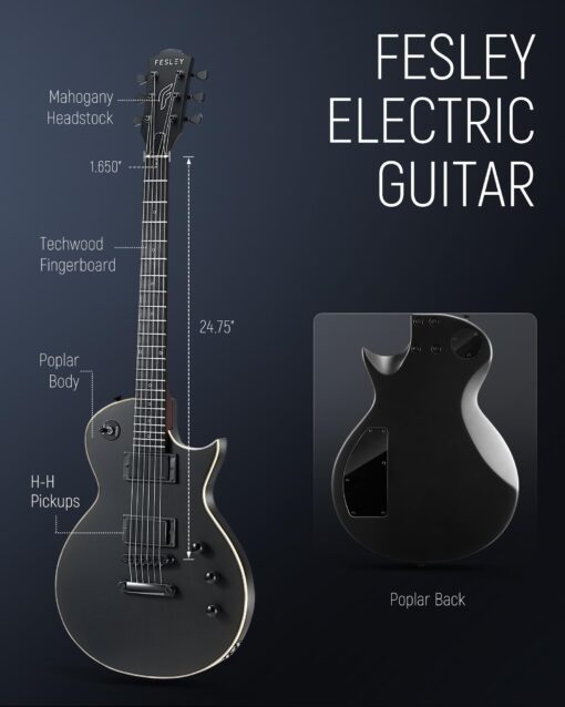 Fesley 39" LP Electric Guitar Kit: Full Size Solid Body Electric Guitars for Beginners with Humbucker Pickups, Poplar Body, Mahogany Neck,22 Frets,6 String Guitar with Gig Bag,Cable,FLP350,Matte,Black - Image 8