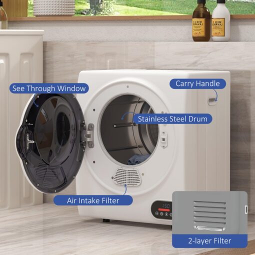 HOMCOM Portable Clothes Dryer, Compact Laundry Dryer with 1.5 cu.ft Stainless Steel Drum, Intelligent Drying, 120V 850W Front Load Electric Dryer for Apartments, Dorms, RVs - White - Image 7