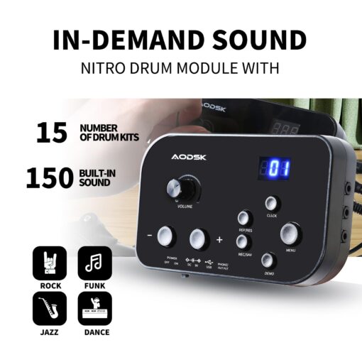 AODSK Electronic Drum Set for Beginner Kids with 150 Sounds,4 Quiet Drum Pads,2 Switch Pedal,Drum Throne,Drumsticks,On-Ear Headphone,AED-400 - Image 8