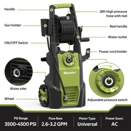 Pressure Washer with Adjustable PSI Switch, 4500PSI Max 3.0 GPM Electric Power Washer with 5 Nozzles & 500ml Foam Cannon, Portable High Pressure Washer for Cars, Fences, Patios and Driveway Cleaning - Image 8