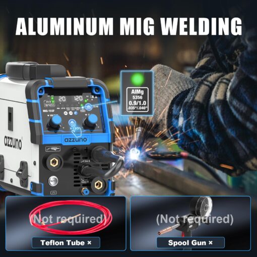 AZZUNO Aluminum MIG Welder 155Amp, Dual Vlotage 110V/220V 5-in-1 Welder Machine Gasless MIG/Gas MAG/Aluminum MIG/Stick/Lift TIG Welding, Multiprocess Welding Machine - Image 6