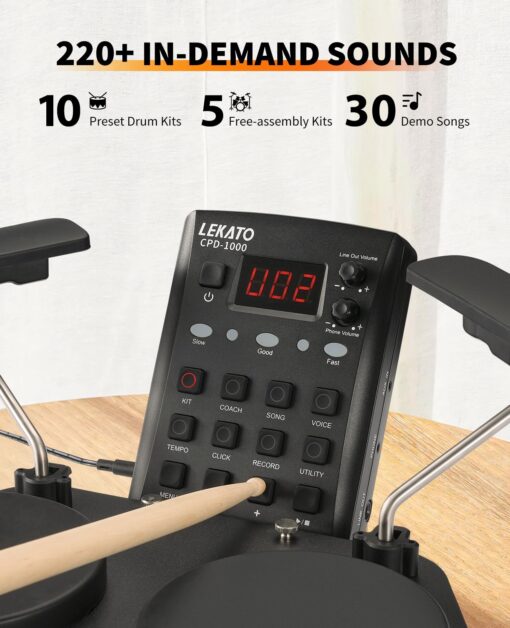 LEKATO Electronic Drum Set, Portable Electric Drum Set for Beginner with Quiet Mesh Snare Drum Pads, 220+ Sounds, USB MIDI, 2 Switch Pedal, Electric Drum Kit with Sticks, Travel Bag - Image 9