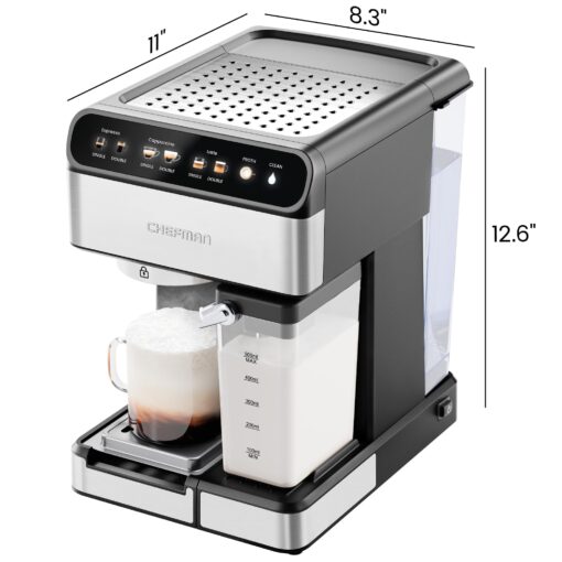 Chefman CaféMaster Pro Espresso Machine, Brew Single or Double Shots, Coffee Maker with Built-In Milk Frother for Cappuccino & Latte, XL 1.8 Liter Removable Water Reservoir - Stainless Steel - Image 2
