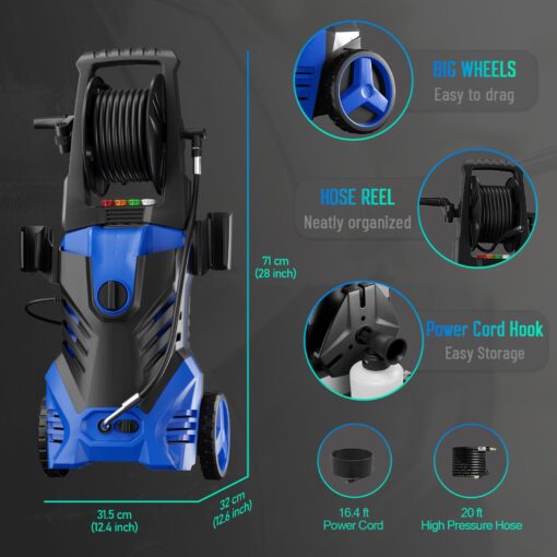 Electric Pressure Washer 5000PSI-Max 3.1GPM Power Washer 4 Different Pressure Tips, 20FT Hose Power Cord, Foam Cannon, Power Washer Electric Powerd for Patios Car Garden - Image 2