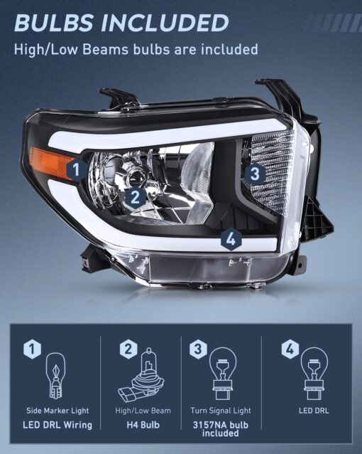 Nilight LED DRL Headlight Assembly Compatible with 2014 2015 2016 2017 2018 2019 2020 2021 Toyota Tundra Clean Lens Black Housing Amber Reflector Clear Lens Headlamps Replacement - Image 9