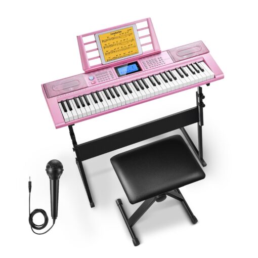 Donner Keyboard Piano 61 Key, Electric Keyboard Kit with 249 Voices, 249 Rhythms - Includes Piano Stand, Stool, Microphone, Gift for Beginners, Pink(DEK-610S)