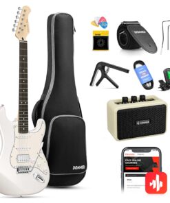 Donner Electric Guitar, DST-152 39" Electric Guitar Starter Kit HSS Pickup Coil Split, with Amp, Bag, Accessories, Polar White