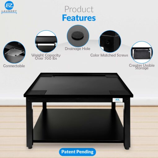 EZ Laundry | Upgraded 28” Universal Pedestal – 700lbs Capacity, Raises 16” with Built-in Drain Pan + Hose, Adjustable Feet, Anti-Vibration & Storage Shelf fits 27" or 28" Washer & Dryer (Black) - Image 7
