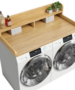 Corbyles 2-Tier Washer Dryer Countertop with 2.75"H Edge Rails, 54" W x 27.55" D Laundry Countertop for Folding Clothes, Washer and Dryer Topper with Non-Slip Pad (Pure Wood Color)